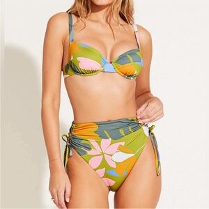 Vitamin A Gemma Ruched Green Tropical Print High Waist Bottom | Small